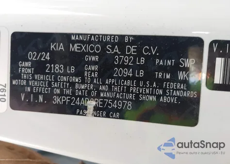 2024 Kia Forte Lxs from USA, damaged, VIN 3KPF24AD3RE754978